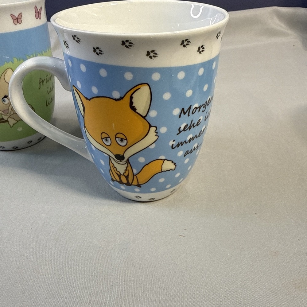 Vintage German Fox Coffee Mug Set Breakfast With You Morning Grouch Cute Cups - Picture 4 of 12